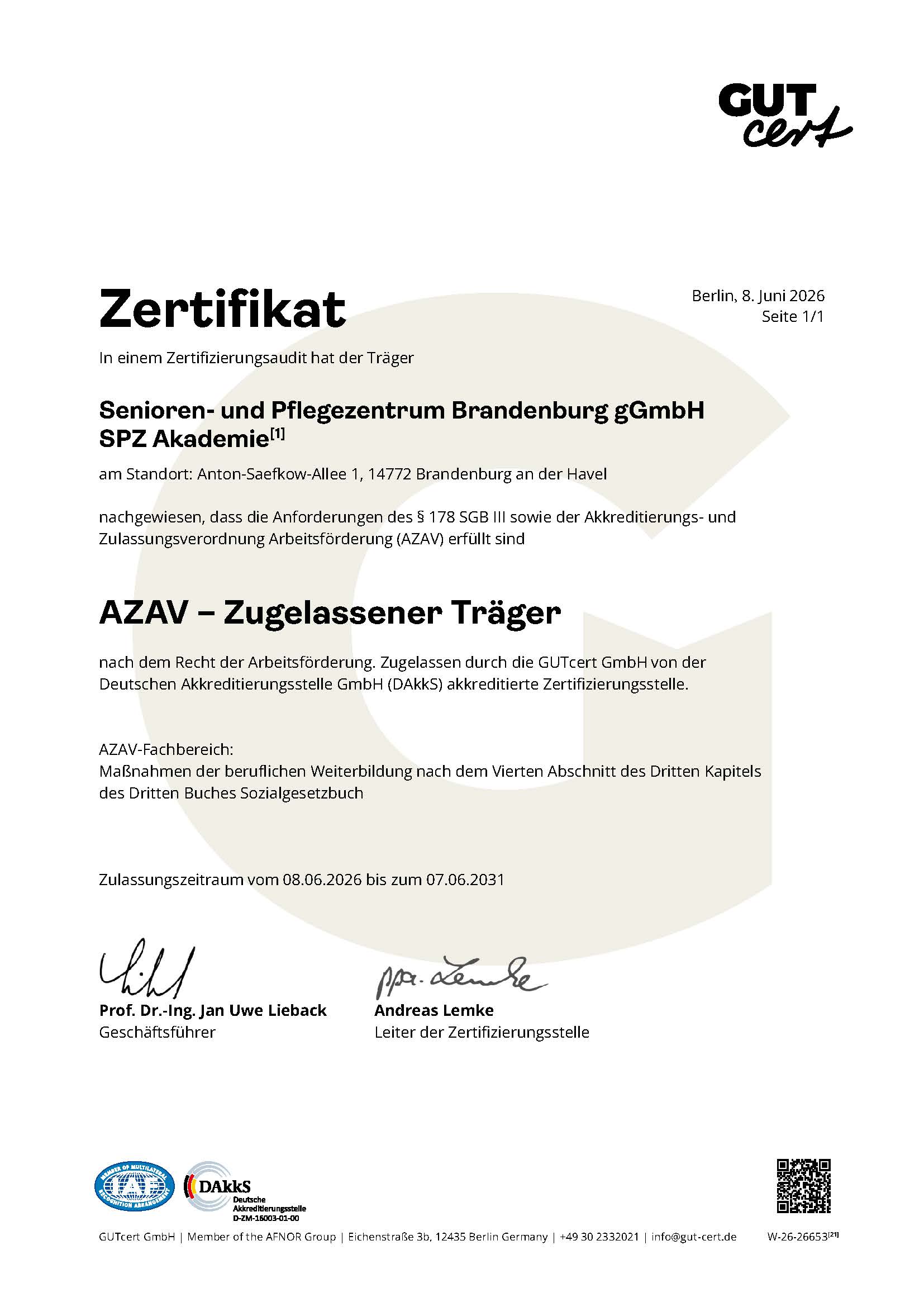 SPZ Akademie erhält AZAV-Trägerzulassung bis 2031